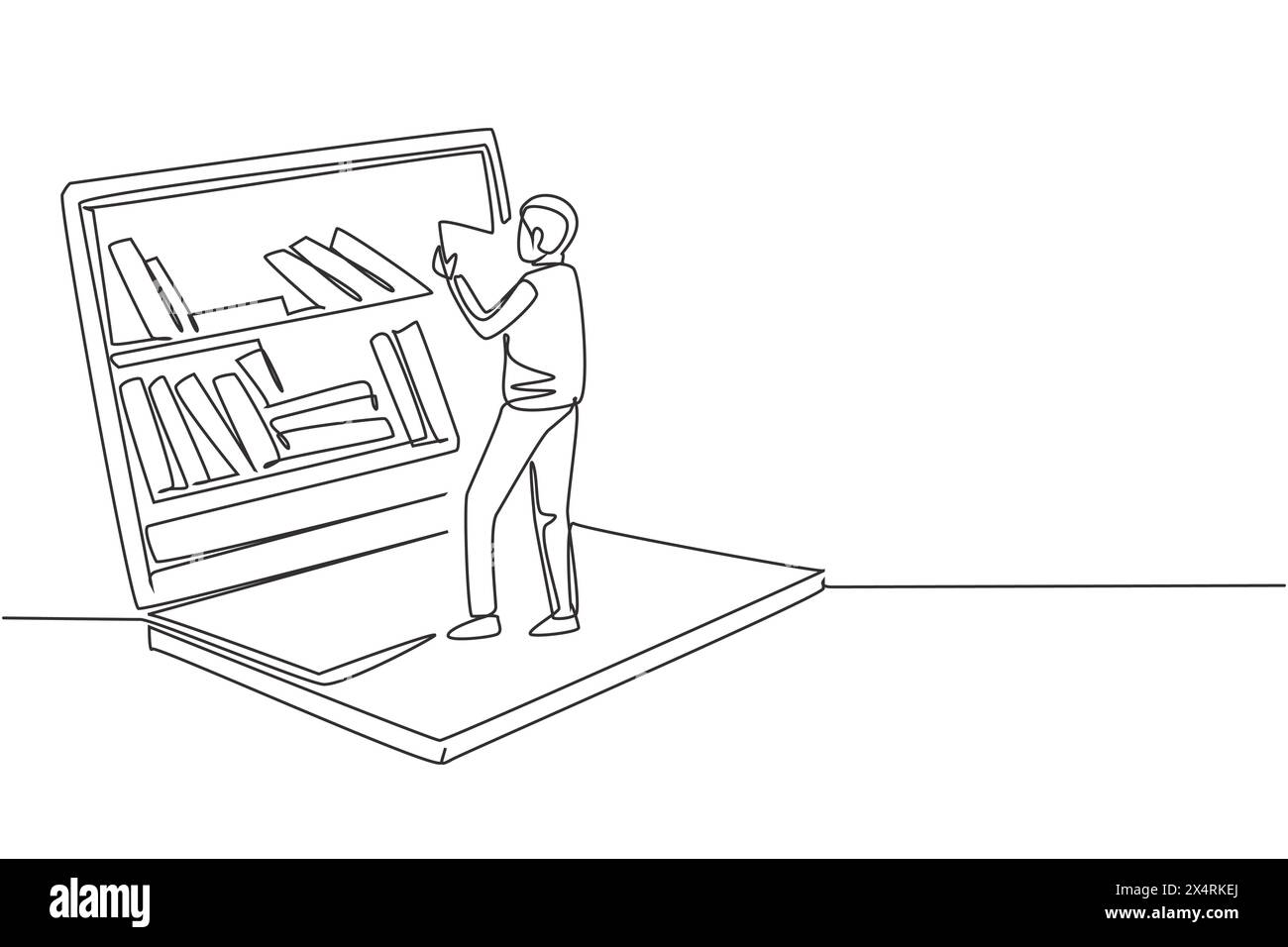 Ligne continue unique dessinant le livre de lecture d'étudiant masculin tout en se tenant devant un grand ordinateur portable avec étagère à livres sur l'écran. Éducation mobile. Dynamique o Illustration de Vecteur