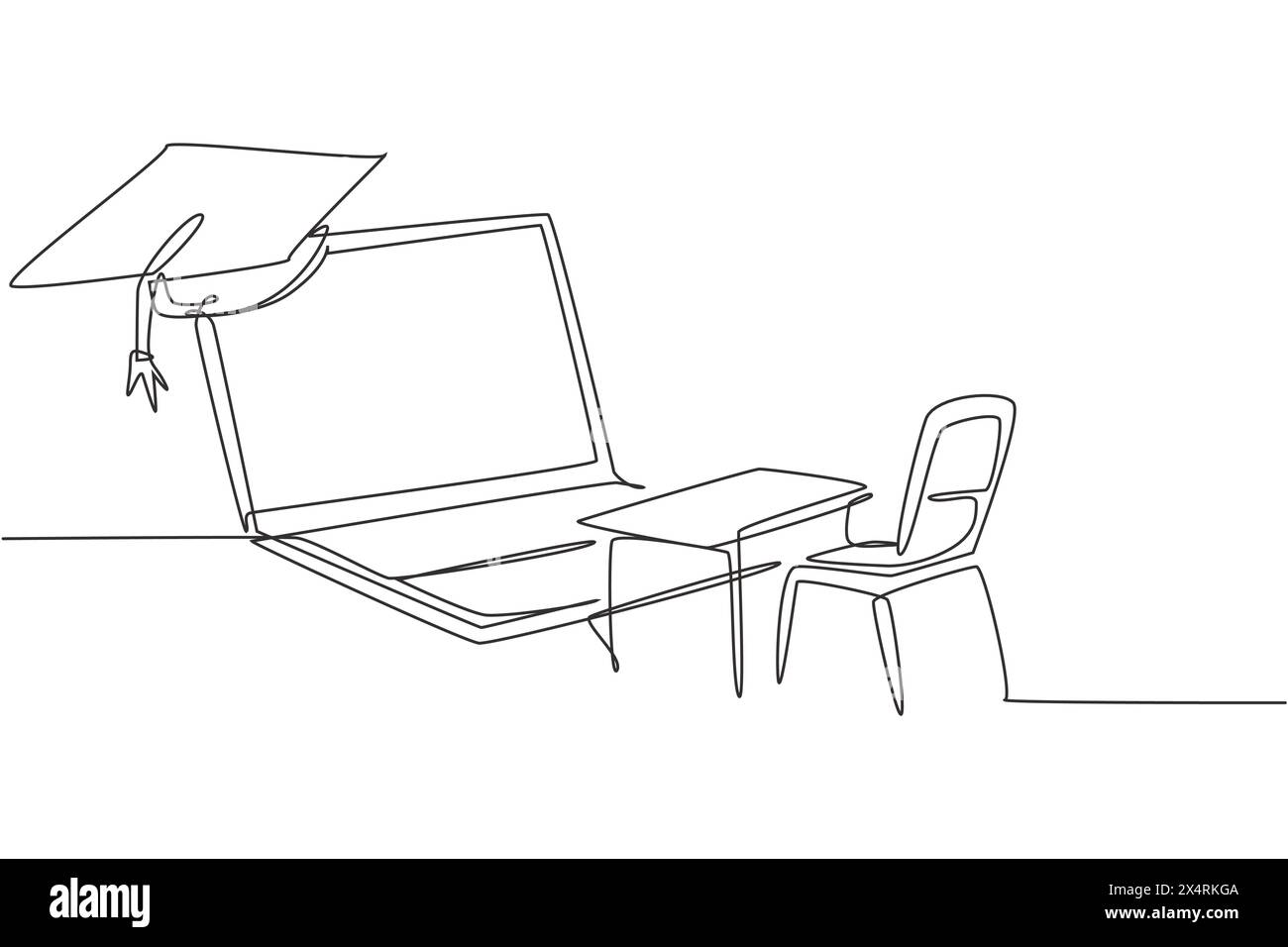 Ligne continue unique dessinant des chaises d'étude vides et des bureaux face à l'écran géant d'ordinateur portable dans lequel il y a un tableau noir et un chapeau de graduation sur le dessus. Dynamique Illustration de Vecteur