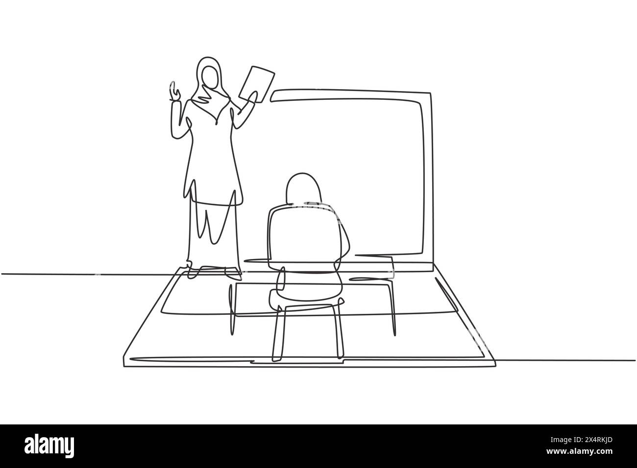 Continue d'une ligne dessinant une enseignante arabe debout devant l'écran d'ordinateur portable tenant le livre et enseignant le hijab aux étudiantes assis sur le banc Illustration de Vecteur