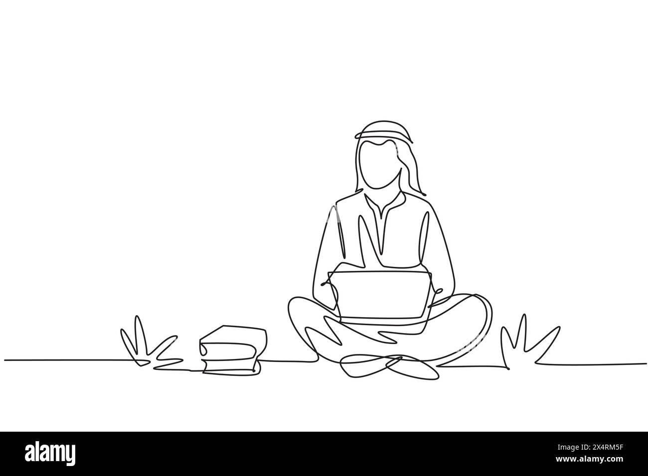 Continu d'une ligne dessinant des étudiants arabes masculins étudiant avec un ordinateur portable, se préparer à l'examen, assis au parc. Retour à l'école, éducation à l'étranger. Singl Illustration de Vecteur