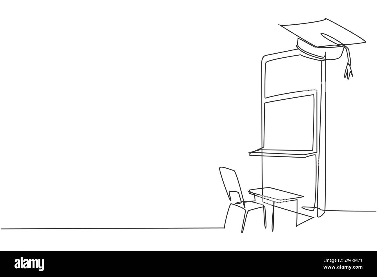 Ligne continue unique dessinant des chaises d'étude vides et des bureaux face à l'écran de smartphone dans lequel il y a un tableau noir et un chapeau de graduation sur le dessus. Dynamique o Illustration de Vecteur