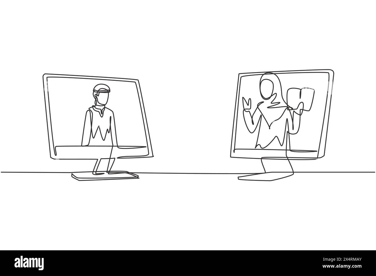 Dessin d'une ligne continue simple deux moniteurs se tiennent devant l'autre, un côté contient l'étudiant arabe masculin étudiant et l'autre contient h. Illustration de Vecteur