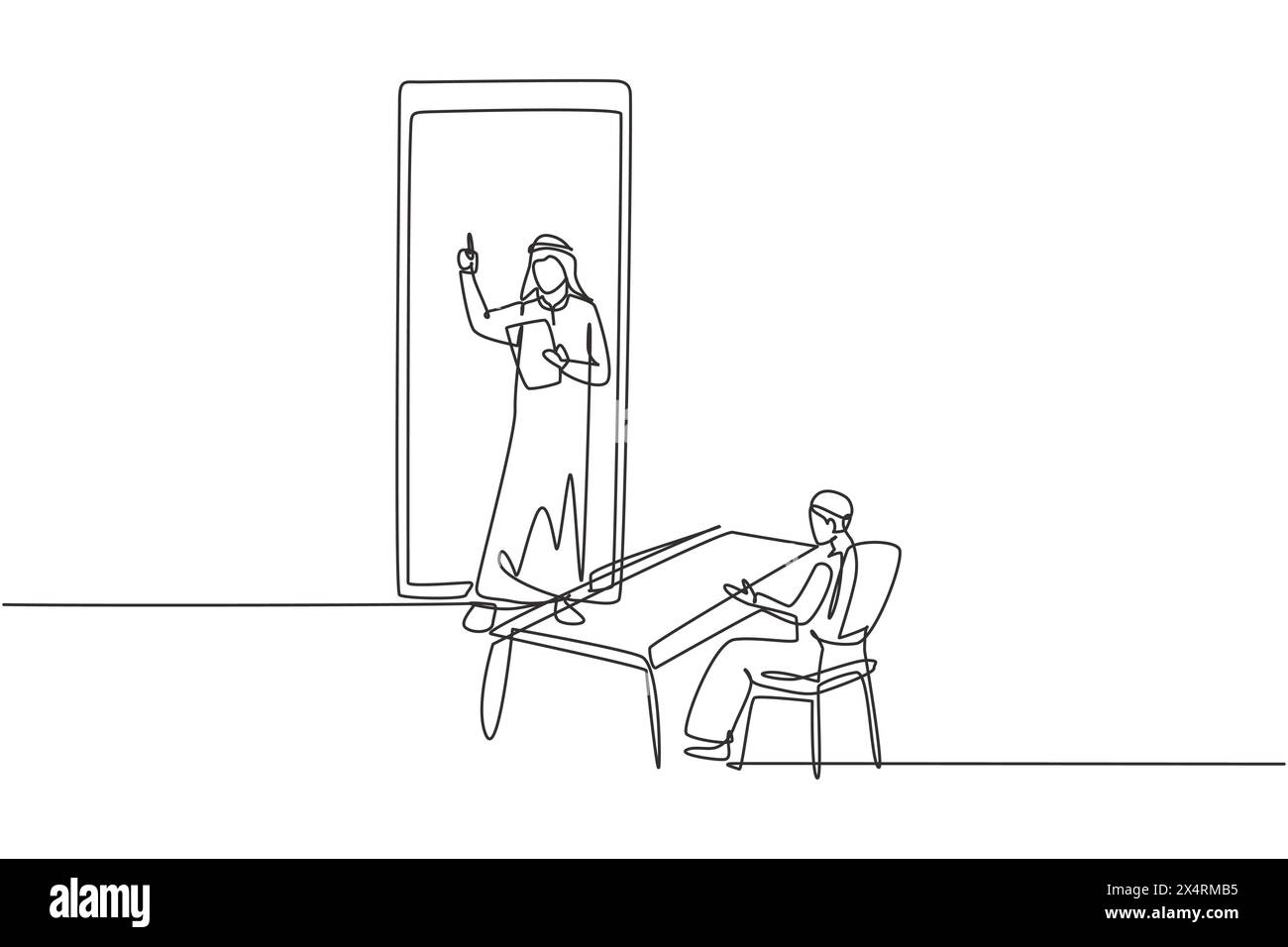 Une seule ligne continue dessinant un enseignant arabe masculin debout devant l'écran de smartphone tenant le livre et enseignant les étudiants arabes masculins assis sur ben Illustration de Vecteur
