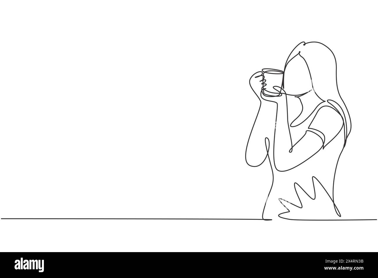 Ligne continue unique dessinant la tasse à embrasser jeune femme dans Happy Mood. Séance photo pour présenter les derniers produits de boisson dans le studio. Dynamique o Illustration de Vecteur