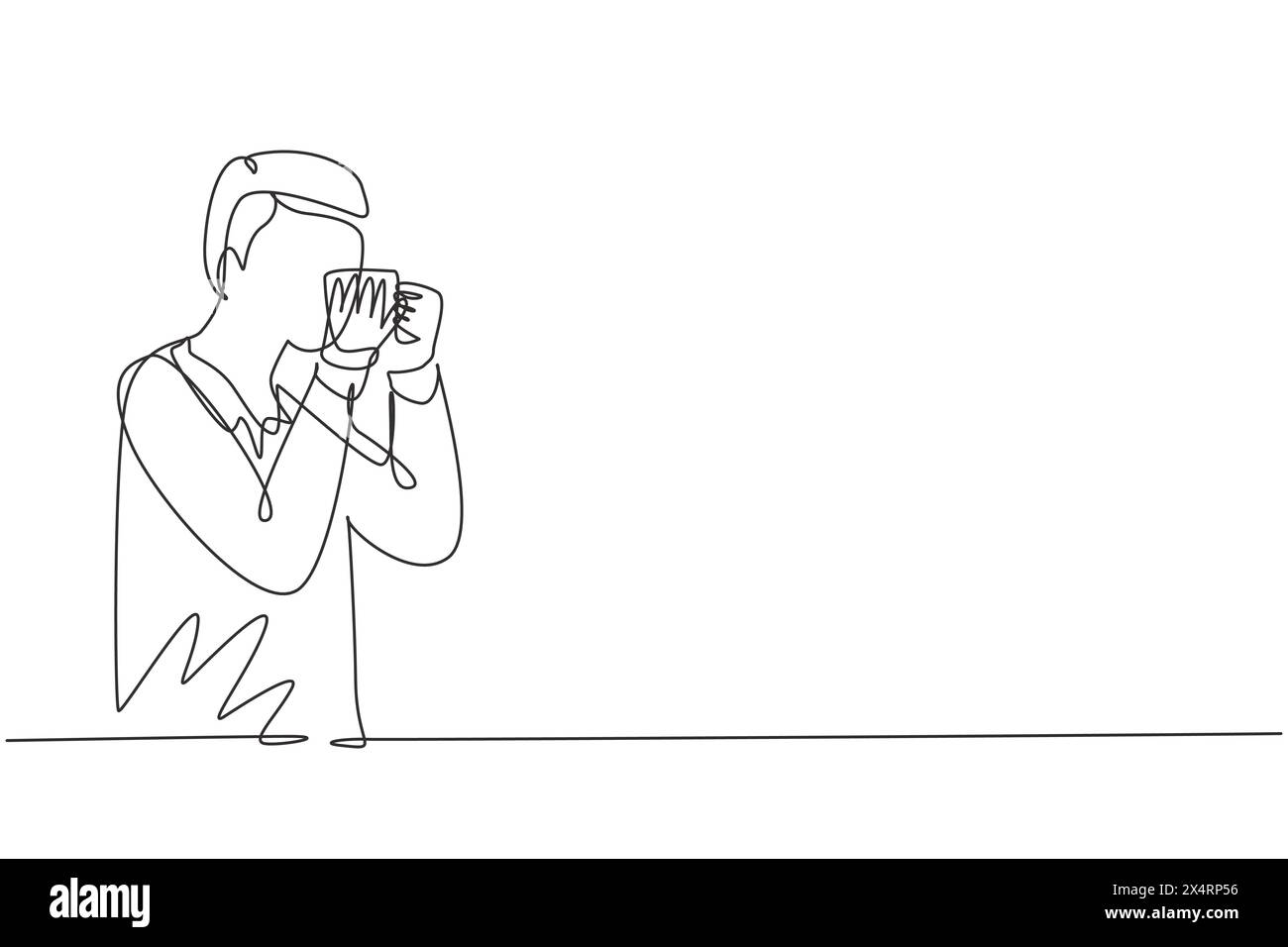 Simple une ligne dessinant jeune homme baiser tasse dans Happy Mood. Séance photo de produit avec un modèle pour présenter la dernière marque de boissons. Continue moderne Illustration de Vecteur