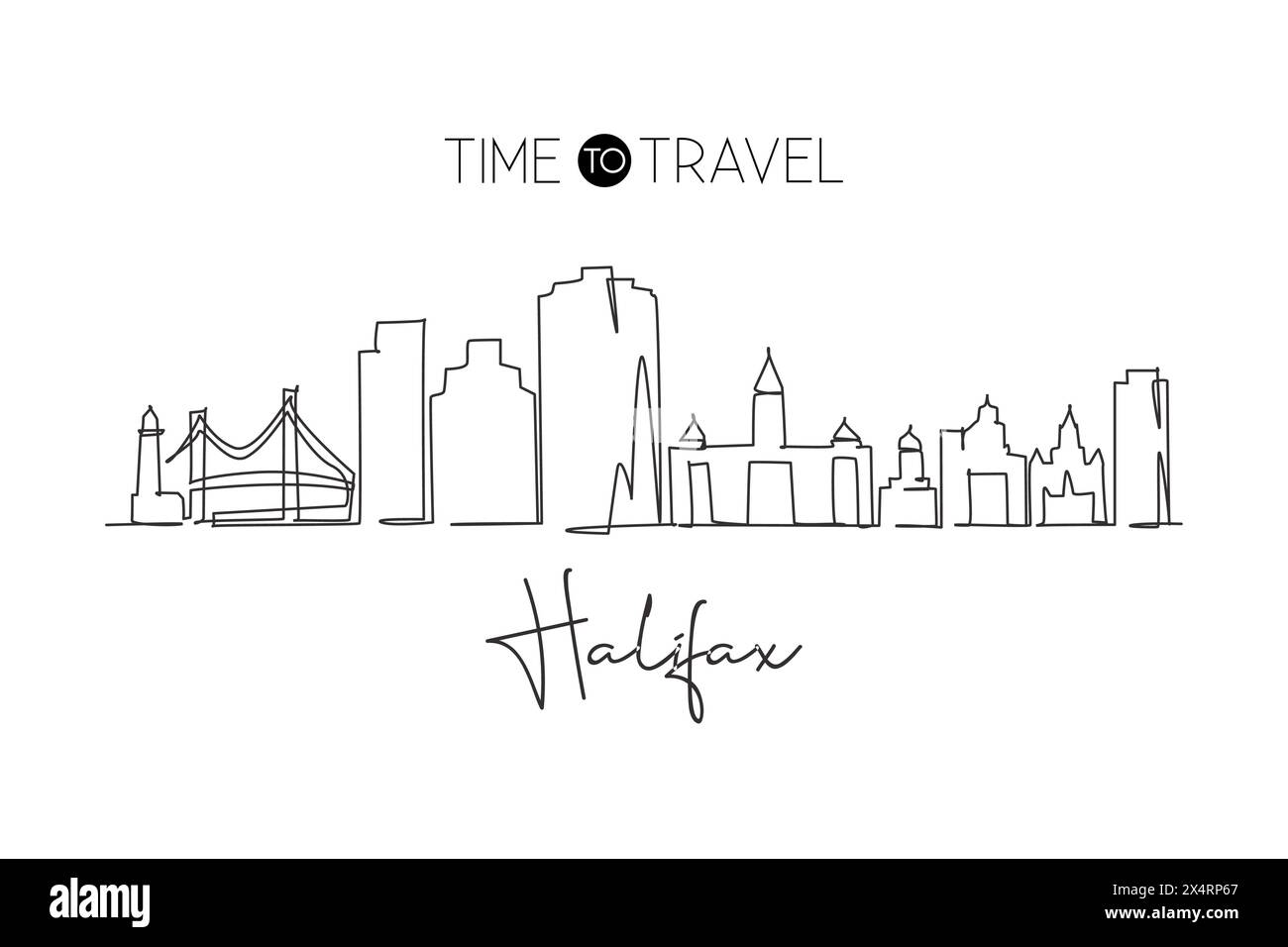 Une ligne continue dessinant l'horizon de la ville de Halifax, Nouvelle-Écosse Canada. Magnifique point de repère. Voyage de tourisme de paysage mondial décor mural imprimé affiche. Styl Illustration de Vecteur