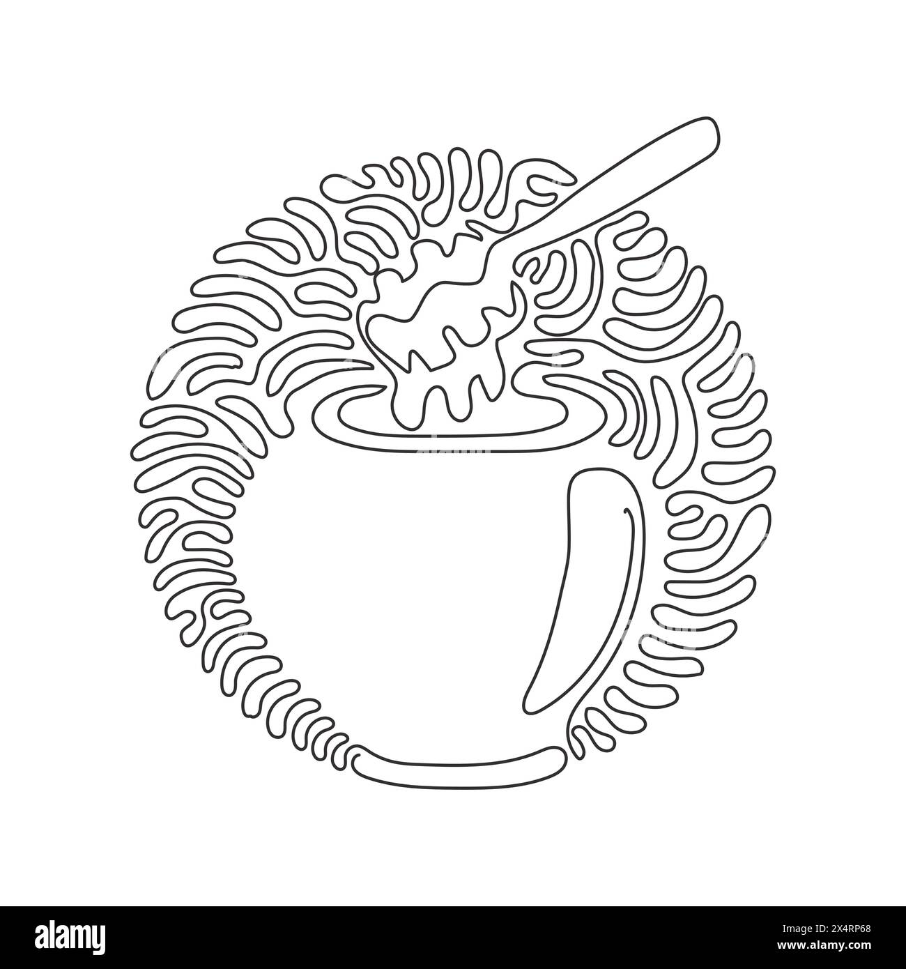 Simple pot en verre de dessin d'une ligne plein de miel et trempette de miel en bois. Complément alimentaire sain pour le corps. Style d'arrière-plan de cercle de bouclage de tourbillon. Continue Illustration de Vecteur