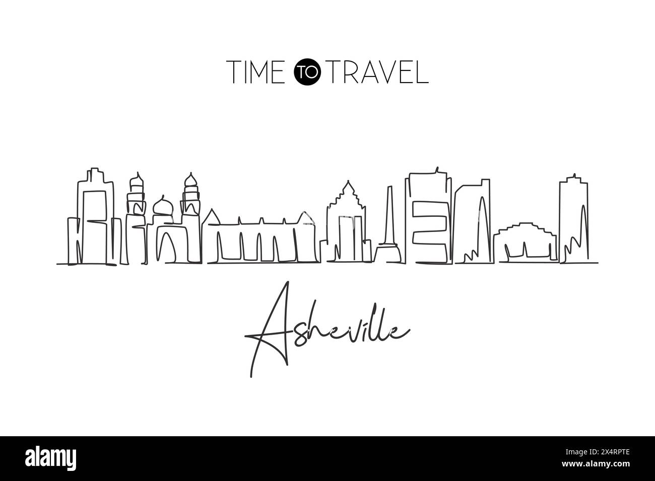 Une seule ligne dessinant l'horizon de la ville d'Asheville, Caroline du Nord. Paysage de ville historique du monde. Meilleure destination de vacances carte postale. Tendance continue Illustration de Vecteur