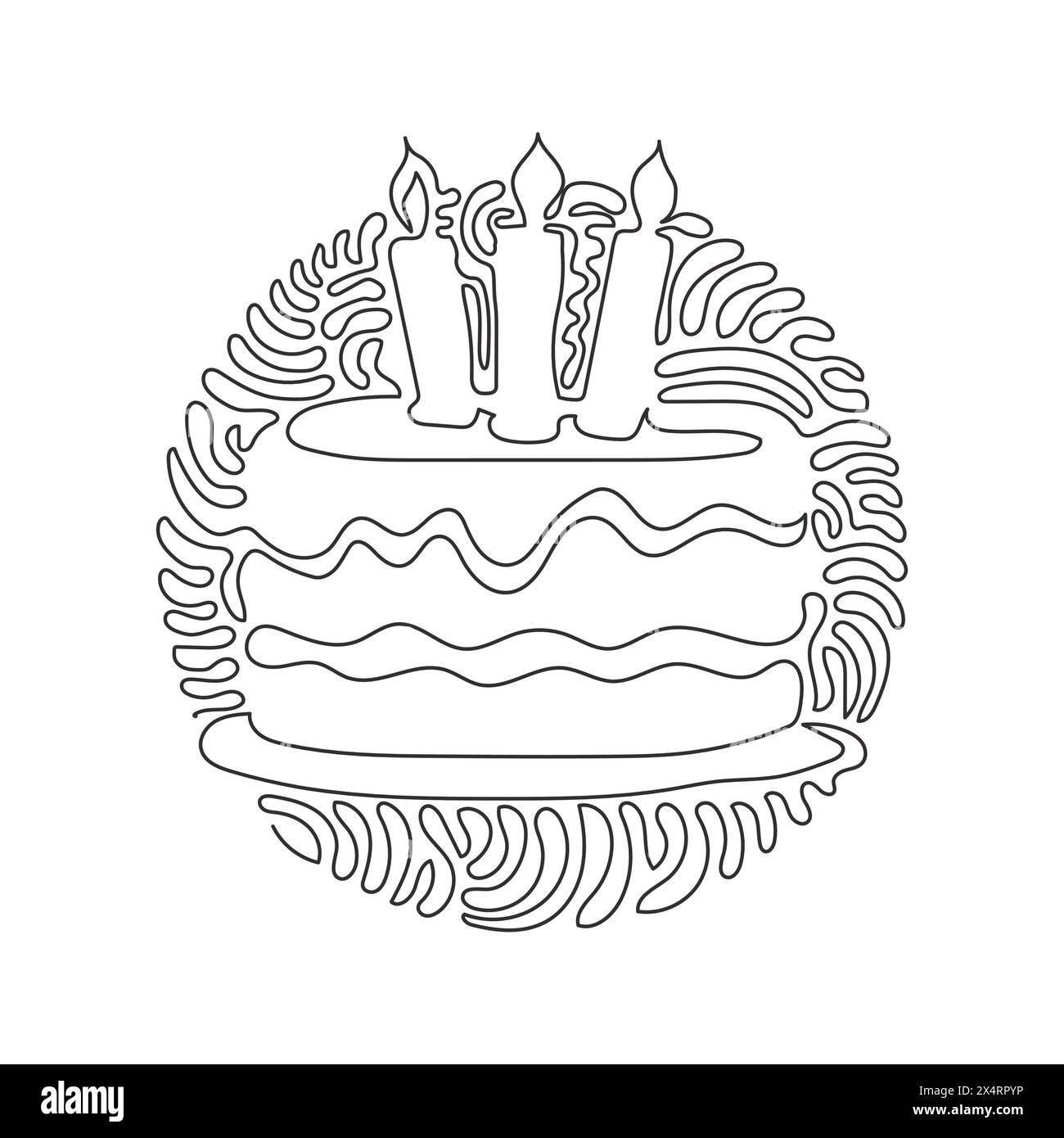 Gâteau d'anniversaire de dessin d'une ligne simple avec trois bougies brûlantes. Savoureux dessert plat principal de la fête d'anniversaire. Style d'arrière-plan de cercle de bouclage de tourbillon. Conti Illustration de Vecteur