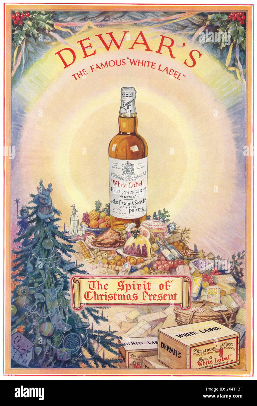 Publicité britannique de Noël 1934 pour le whisky écossais Dewar's White Label. Banque D'Images