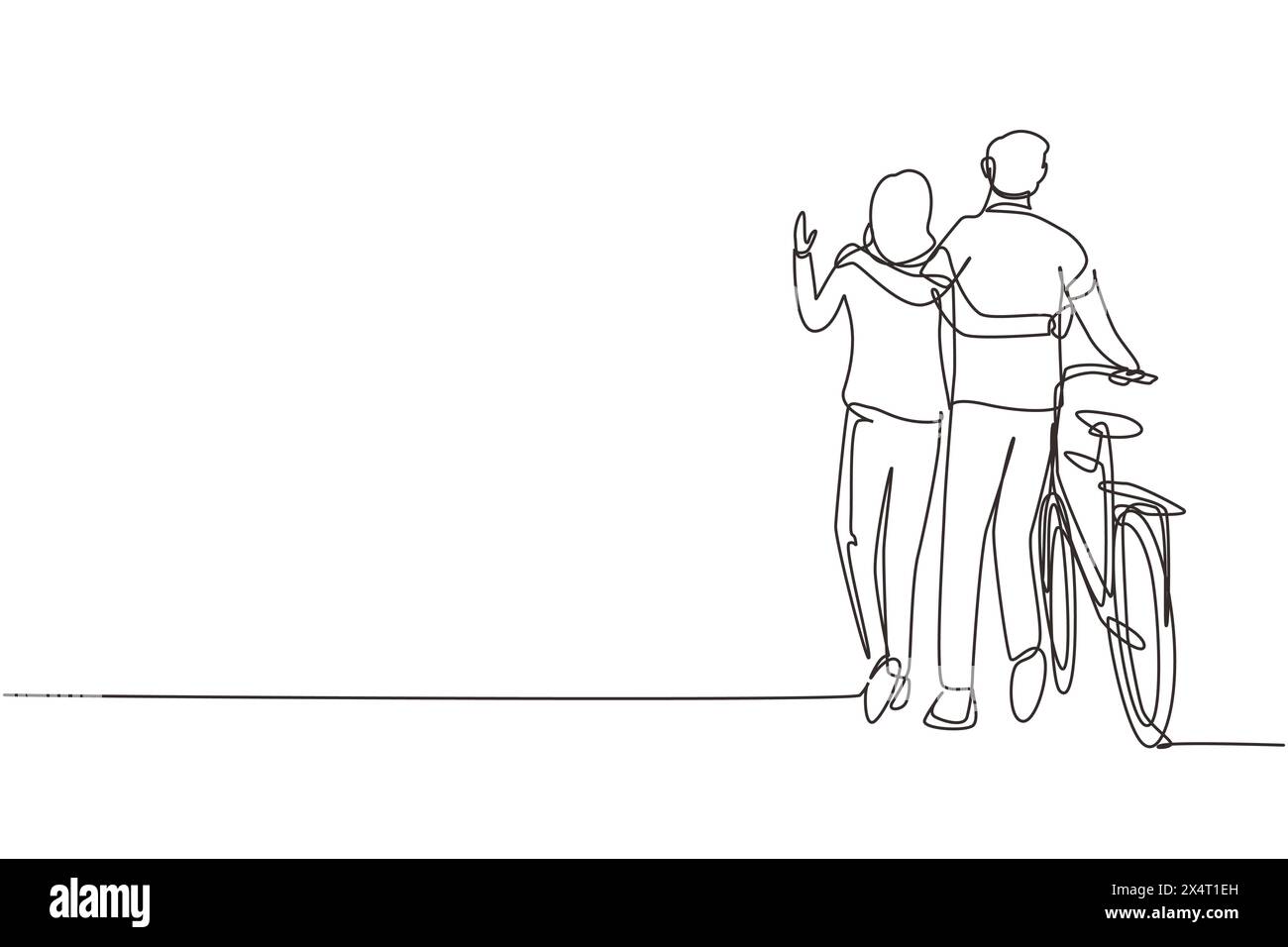 Ligne continue unique dessinant la vue arrière du jeune couple avec vélo marchant dans le parc le jour ensoleillé d'automne. Homme et femme amoureux. Joyeuse marri romantique Illustration de Vecteur