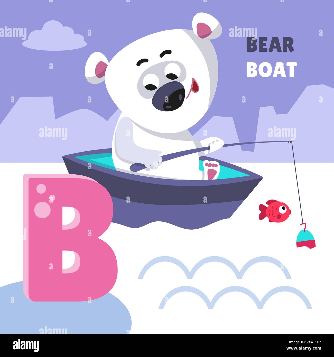 Lettre B. Alphabet, carte avec de mignons personnages de style dessin animé. Ours et bateau. ABC. Éducation des enfants. Activité préscolaire. Illustration vectorielle. Illustration de Vecteur