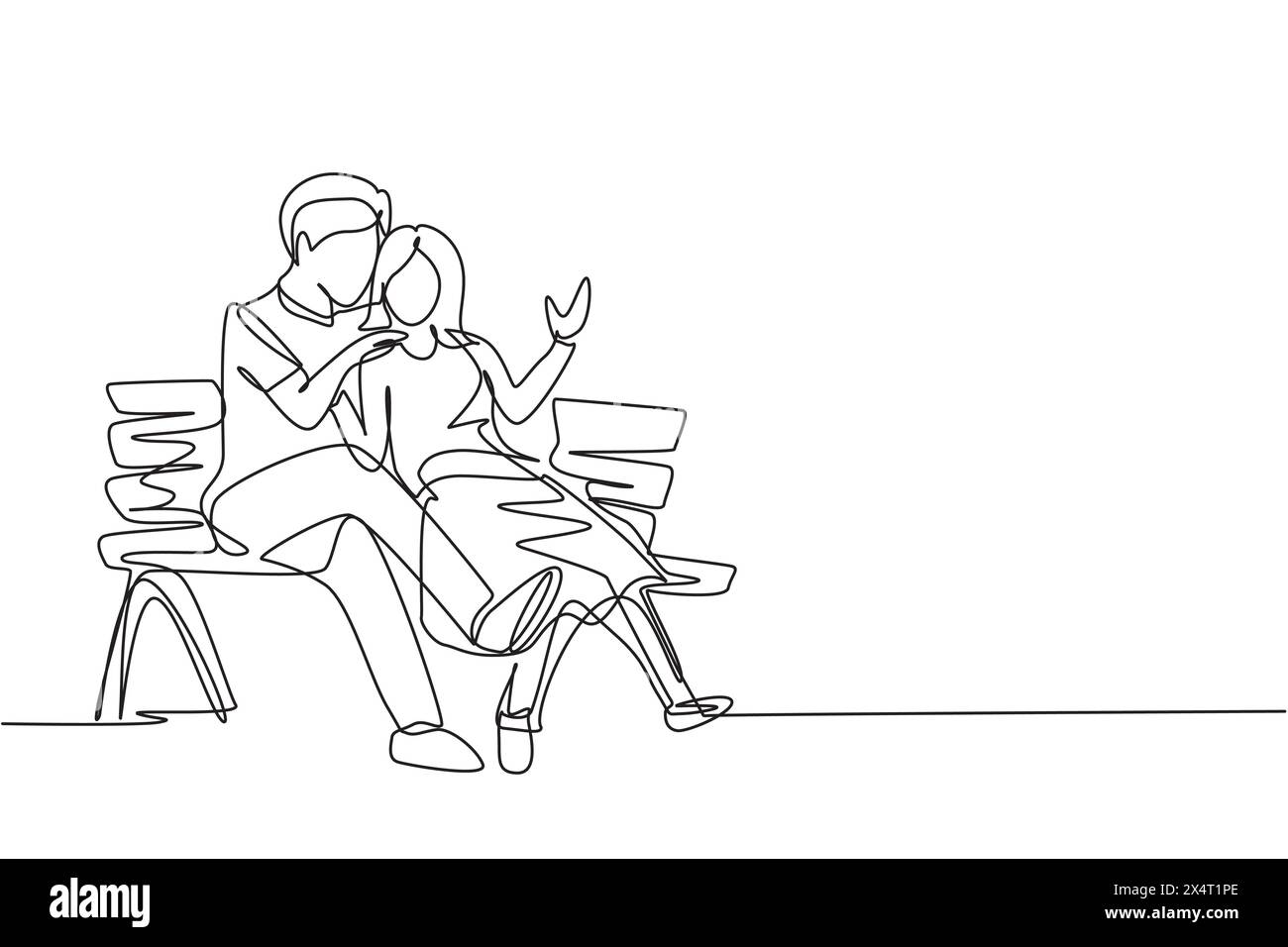 Simple ligne continue dessin romantique couple sur banc dans le parc. Homme heureux embrassant et embrassant la femme. Couple datant célébrer l'anniversaire de mariage. O Illustration de Vecteur