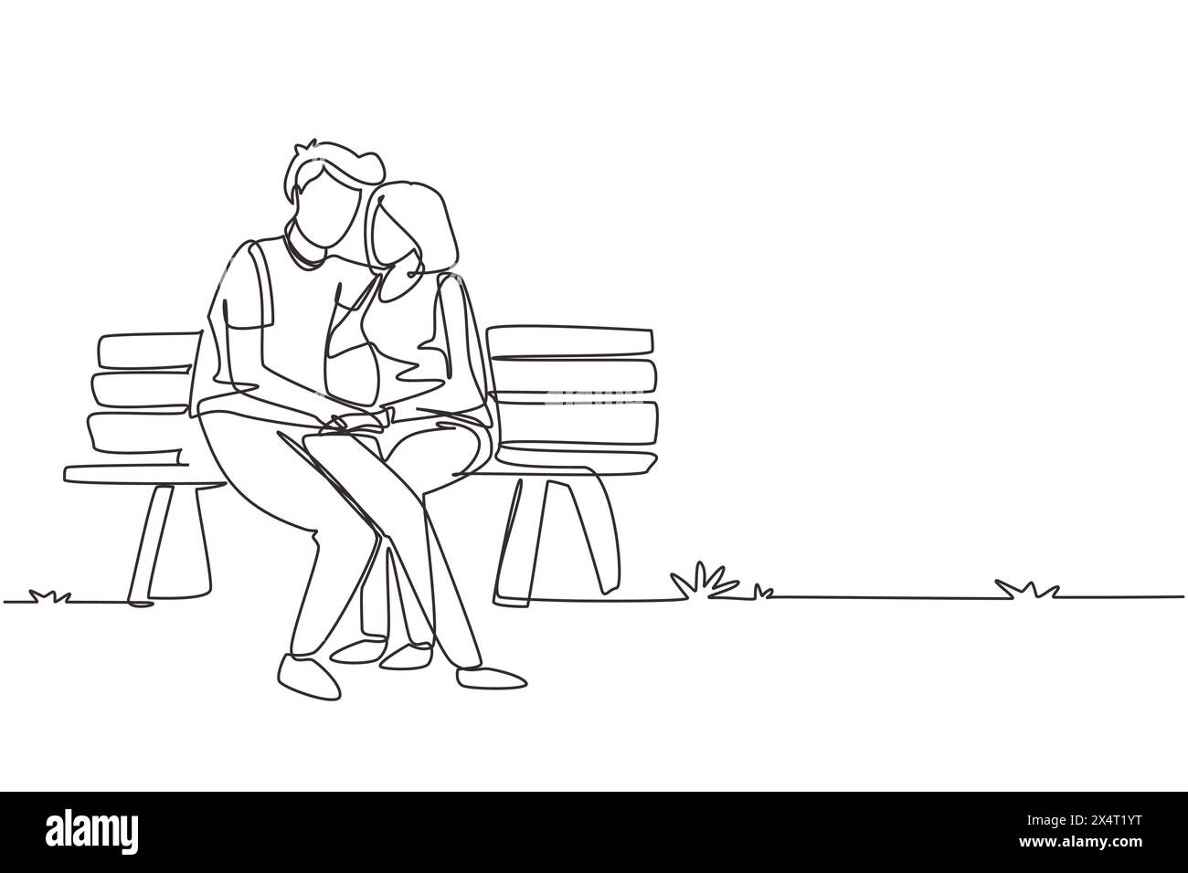Ligne continue unique dessinant couple romantique. Femme homme assis sur le banc dans le parc de la ville. Concept de famille heureuse. L'intimité célèbre l'anniversaire de mariage Illustration de Vecteur