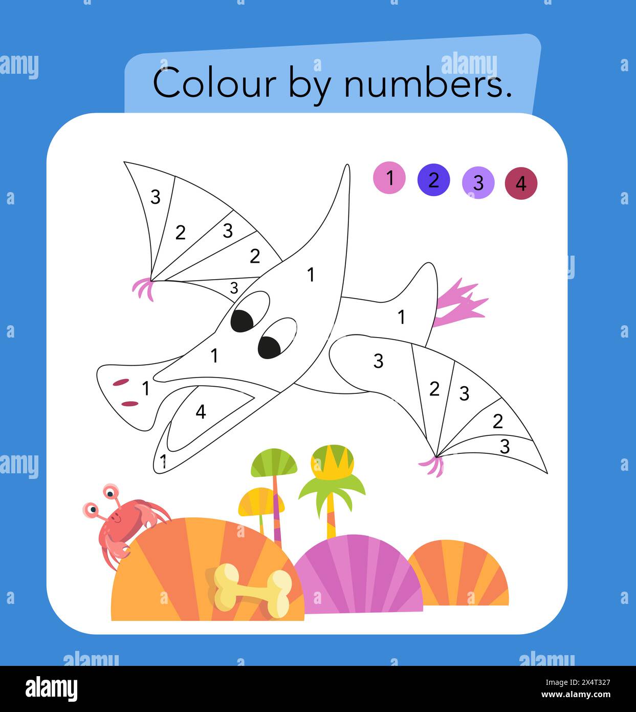 Jeu de couleurs par numéros. Jeu de puzzle éducatif pour enfants. Dinosaures simples plats mignons. Illustration vectorielle Illustration de Vecteur