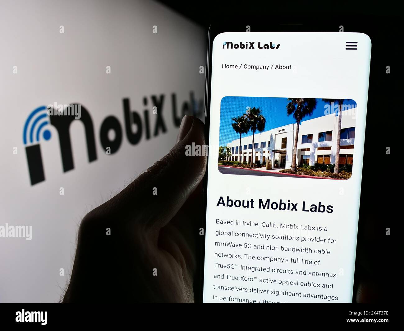 Personne tenant un smartphone avec la page Web de la société américaine de semi-conducteurs fabless Mobix Labs Inc devant le logo. Concentrez-vous sur le centre de l'écran du téléphone. Banque D'Images