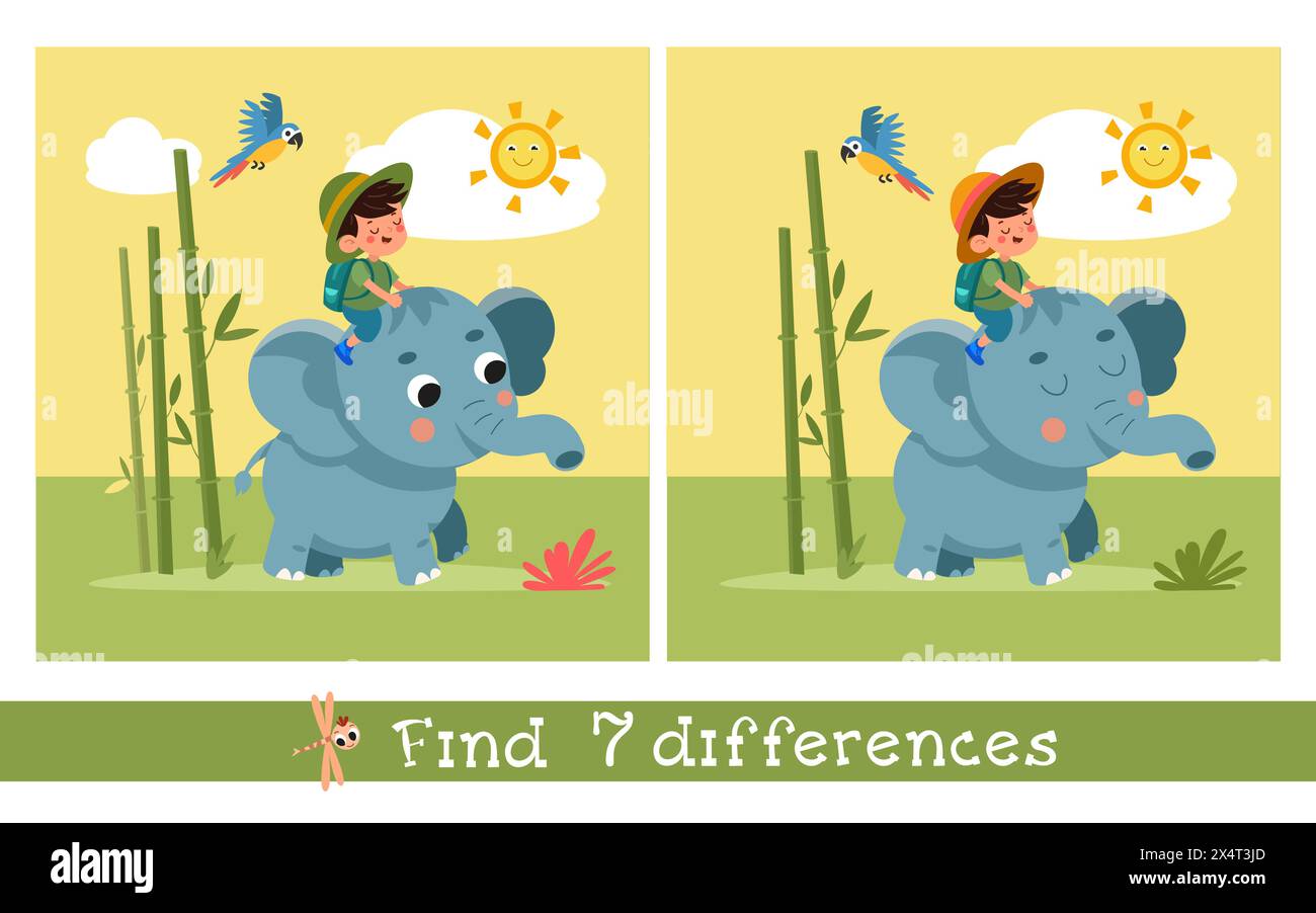 Éléphant de dessin animé mignon et garçon. Illustration simple stylisée plate. Trouvez 7 différences. Jeu de puzzle éducatif pour enfants. Graphiques vectoriels Illustration de Vecteur