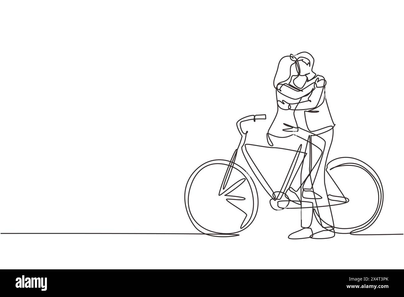 Une ligne continue dessinant jeune couple aimant assis sur le vélo et embrassant à l'extérieur. Relations humaines romantiques, histoire d'amour, nouvelle famille en Hone Illustration de Vecteur