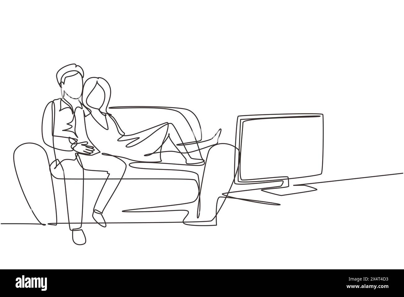 Couple de dessin continu d'une ligne regardant la télévision ensemble assis sur le canapé. Homme et femme heureux se relaxant dans le salon. Couple romantique s'amusant toget Illustration de Vecteur