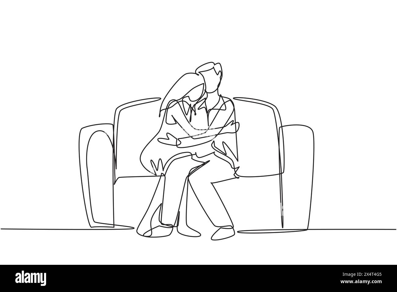 Une seule ligne continue dessinant un couple fatigué heureux. Homme femme se détendre sur le canapé à la maison. Mâle embrasse femelle. Joy mignon adultes. Salon confortable. Heureuse famille Illustration de Vecteur