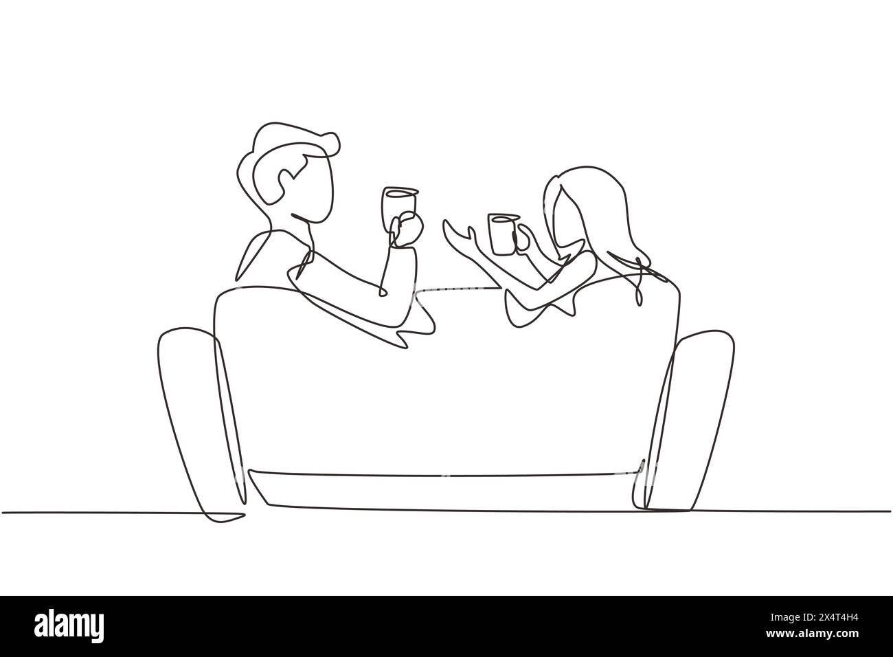Simple dessin d'une ligne vue arrière couple romantique assis au canapé, parlant et buvant du café. Homme et femme ont une journée de repos relaxante. Reste à la maison. Mod Illustration de Vecteur