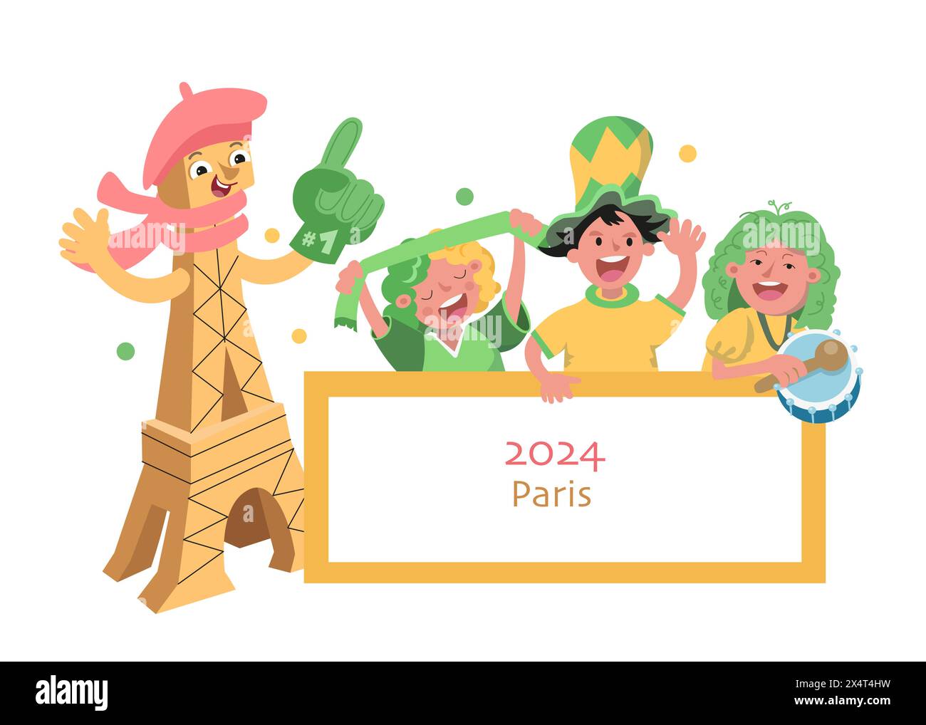 Bannière de fans français, cadre de texte. Compétitions sportives et Jeux Olympiques 2024. Tour Eiffel. Personnage de dessin animé drôle avec béret et gant de fan. Vecteur Illustration de Vecteur