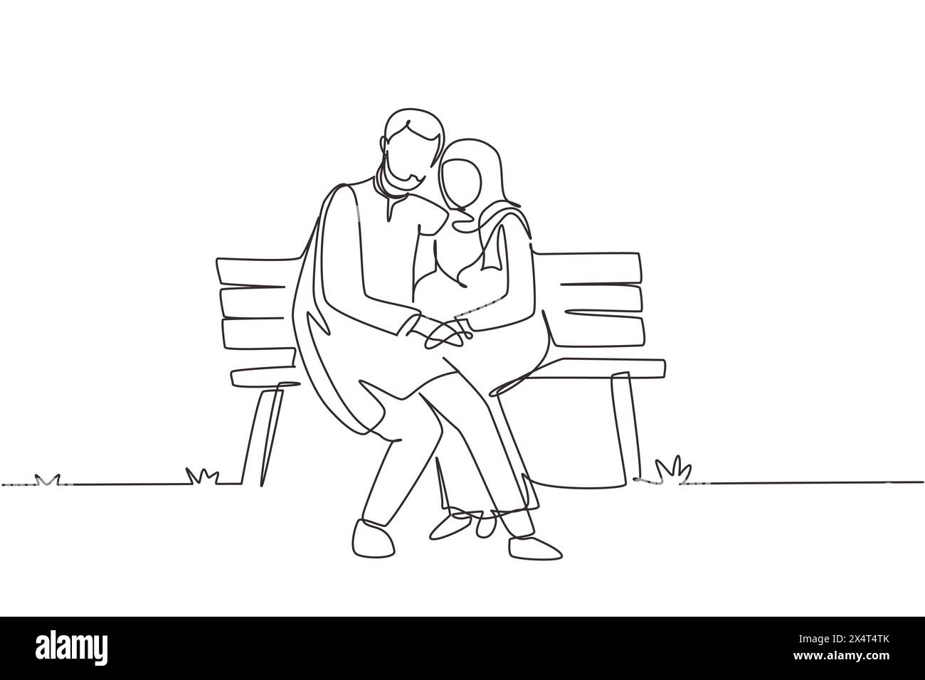Une seule ligne continue dessinant un couple arabe romantique. Femme homme assis sur le banc dans le parc de la ville. Concept de famille heureuse. L'intimité célèbre mariage annive Illustration de Vecteur