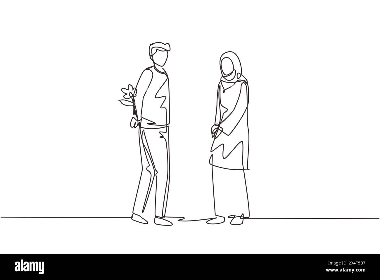 Une seule ligne continue dessinant un homme arabe tenant des fleurs derrière son dos et debout devant une femme. Joyeux garçon donnant la fleur de rose à la fille. Young ma Illustration de Vecteur