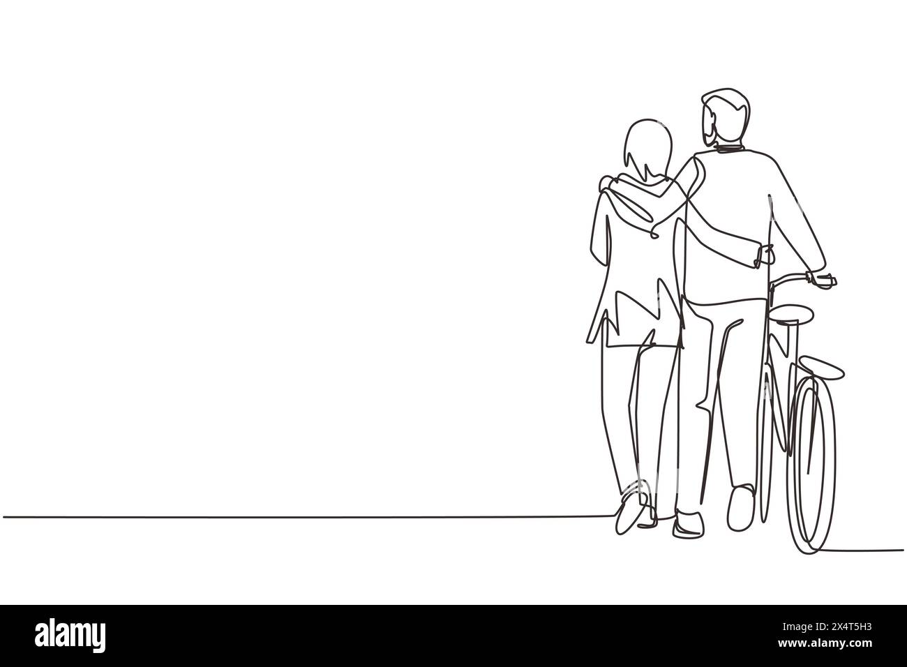 Ligne continue unique dessinant la vue arrière du couple arabe avec vélo marchant dans le parc le jour ensoleillé d'automne. Homme et femme amoureux. Joyeux mars romantique Illustration de Vecteur