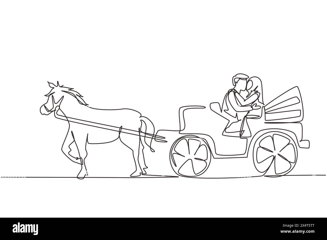 Simple dessin d'une ligne mariage couple arabe essayant de s'embrasser. Je viens de me marier. Bonheur mariée et marié assis dans une calèche tirée par un cheval. Conti Illustration de Vecteur