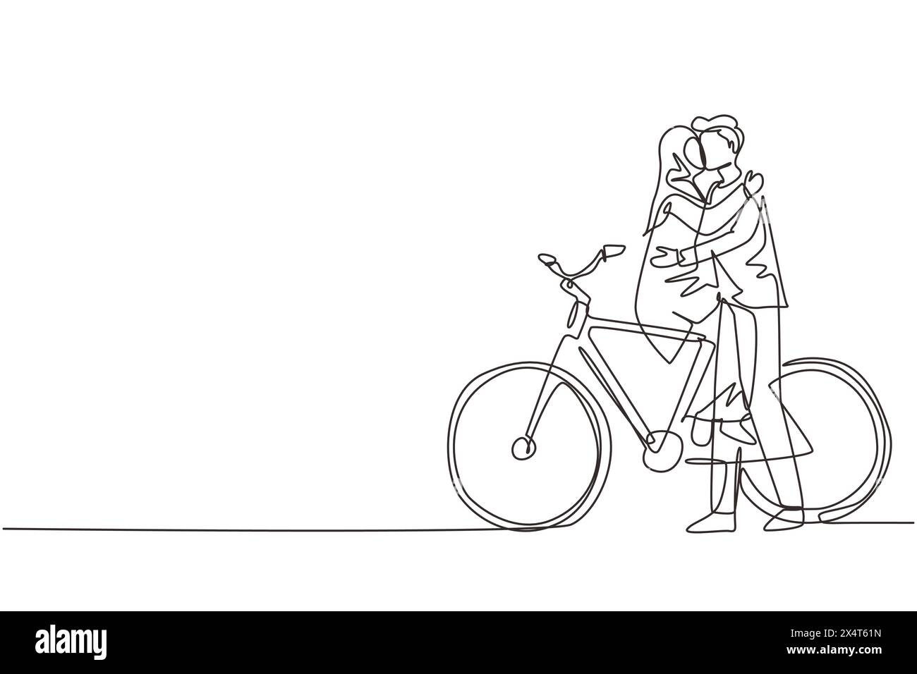 Une ligne continue dessinant un jeune couple arabe aimant assis sur le vélo et embrassant. Relations humaines romantiques, histoire d'amour, nouvelle famille dans le miel Illustration de Vecteur