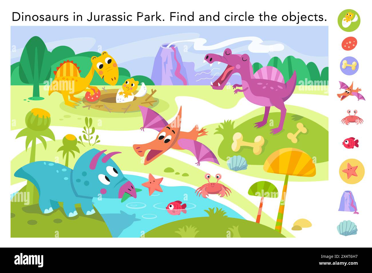Trouvez des objets cachés dans l'image. Jeu de puzzle éducatif pour les enfants. Dinosaures simples plats mignons dans Jurassic Park. Illustration couleur vectorielle. Dessin animé Illustration de Vecteur