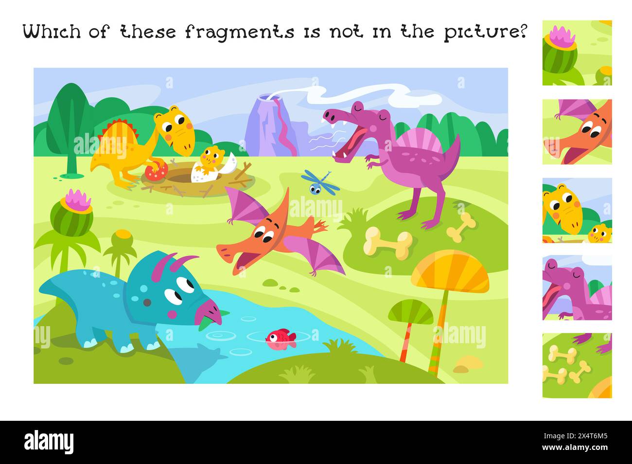 Trouvez des fragments en image. Jeu de puzzle éducatif pour les enfants. Dinosaures simples plats mignons dans Jurassic Park. Illustration couleur vectorielle. Scène de dessin animé Illustration de Vecteur