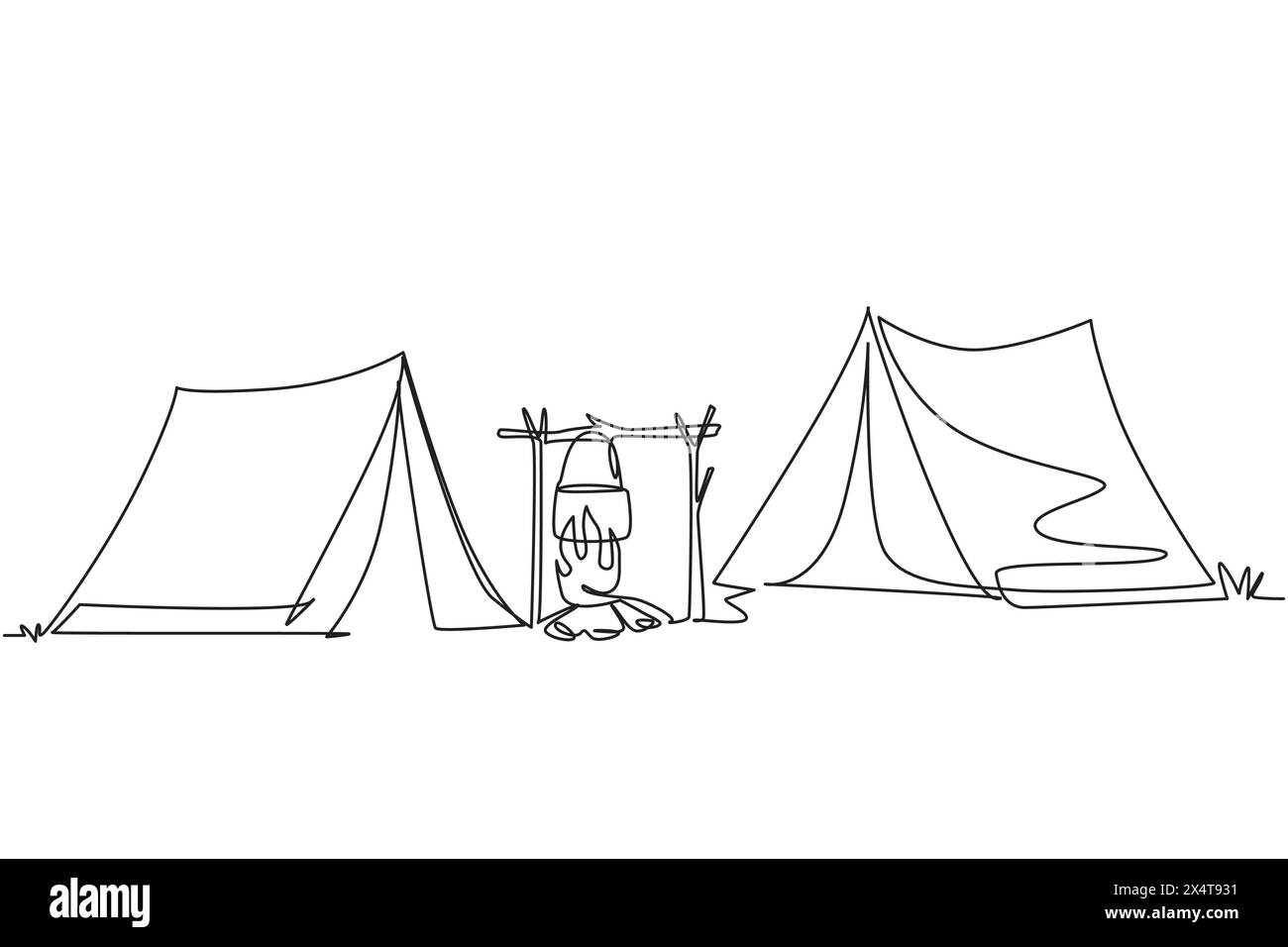 Composition de camping dessinant une ligne continue avec deux tentes Fire cool box sur fond blanc. Arbres, ciel nocturne, aventure, nature, voyage, voyage. S Illustration de Vecteur