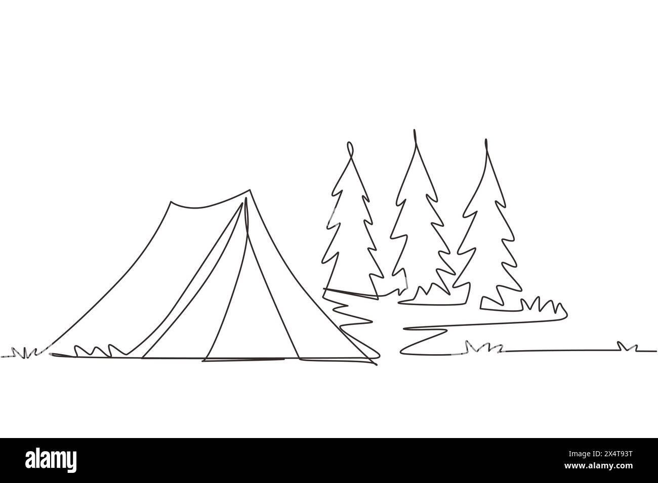 Simple une ligne dessinant la tente touristique dans la forêt de pins, montagnes sur le ciel nuageux. Camping d'été. Activités de plein air naturelles. Tente et camp de pompiers. Continuo Illustration de Vecteur