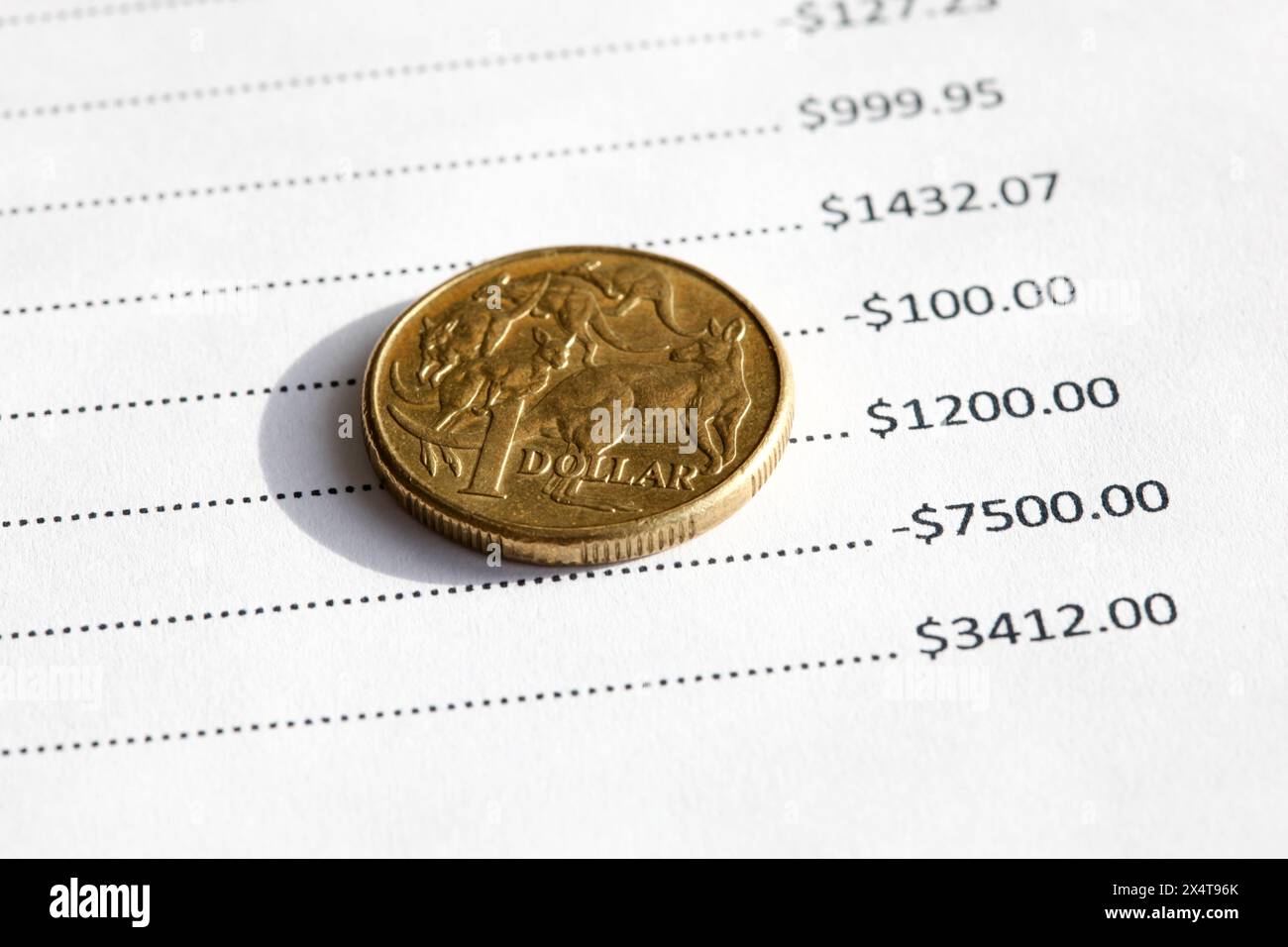 Une pièce australienne d'un dollar sur le dessus d'un bilan avec divers numéros. Contexte financier. Banque D'Images