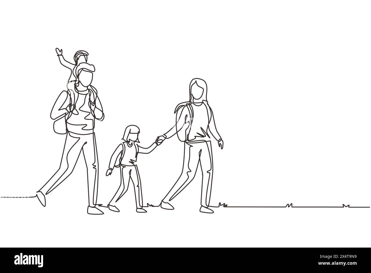 Continu une ligne dessinant la famille de randonnée avec deux enfants. Groupe de personnes avec des sacs à dos sur le paysage de montagne. Maman, papa, fils et fille. Famille Illustration de Vecteur
