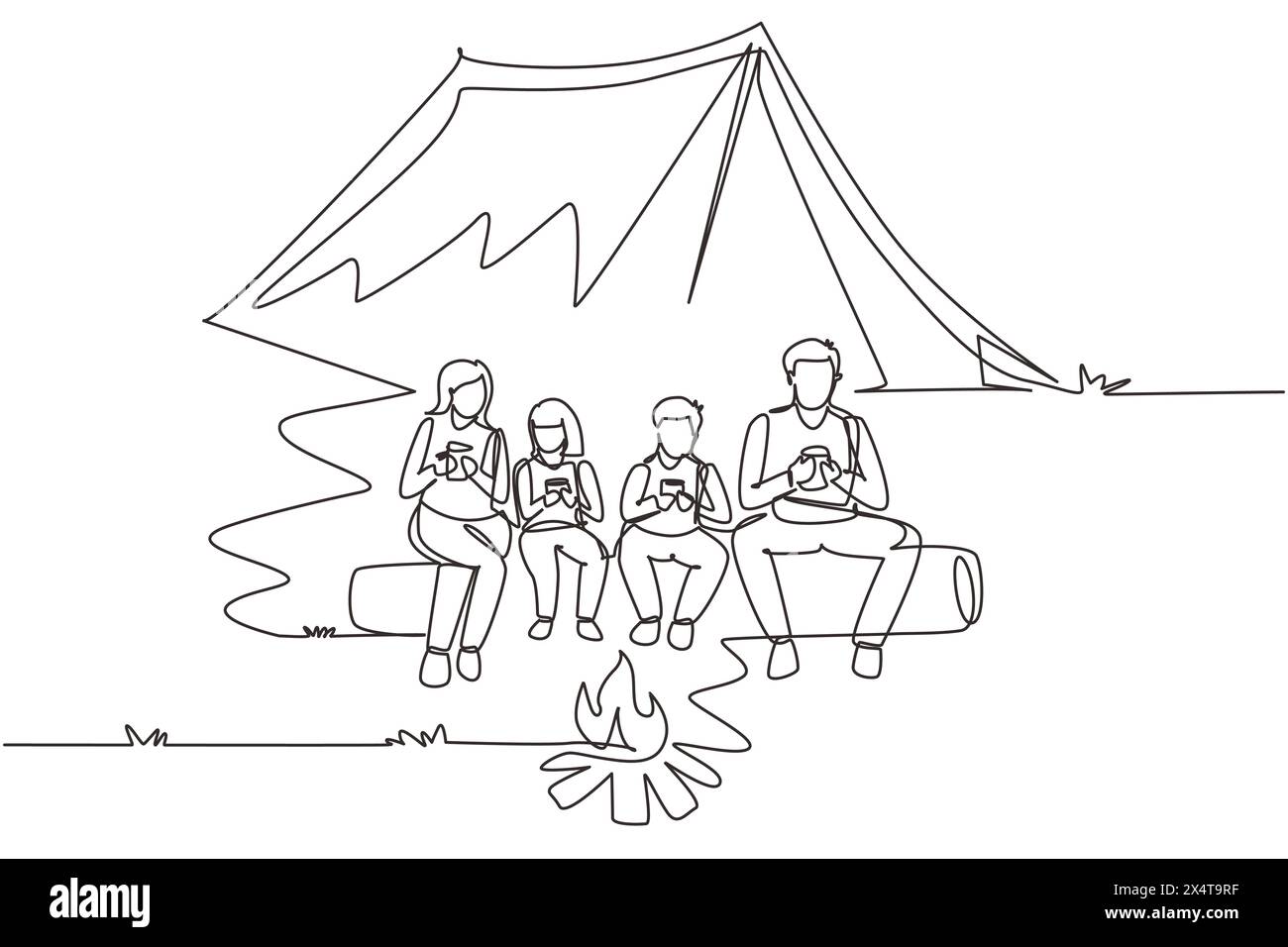 Simple une ligne dessinant le camping familial randonneur actif avec feu de camp. Boire du thé chaud assis sur des bûches dans la forêt. Maman, papa, fils et fille. Du temps en famille Illustration de Vecteur