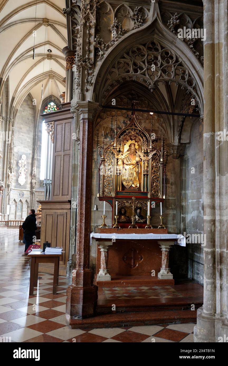 Vienne, Autriche, Étienne's Cathedra. L’autel Léopold – anciennement l’autel Ulrich, dans le coin sud-est de la nef, sous la canopée du renard – a été construit en 1903 par Ludwig Linzinger dans le style néo-gothique. Dans le sanctuaire du délicat autel sculpté se dresse la figure de Léopold avec les armoiries de la vieille Autriche de Ludwig Schadler Banque D'Images