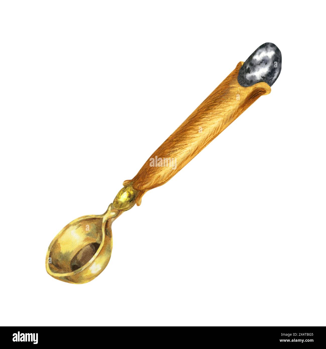 Cuillère de fusion de cire à cacheter antique avec poignée en bois d'acajou et pierre semi-précieuse hématite d'un ensemble d'écriture vintage. Illustration aquarelle pour d Banque D'Images