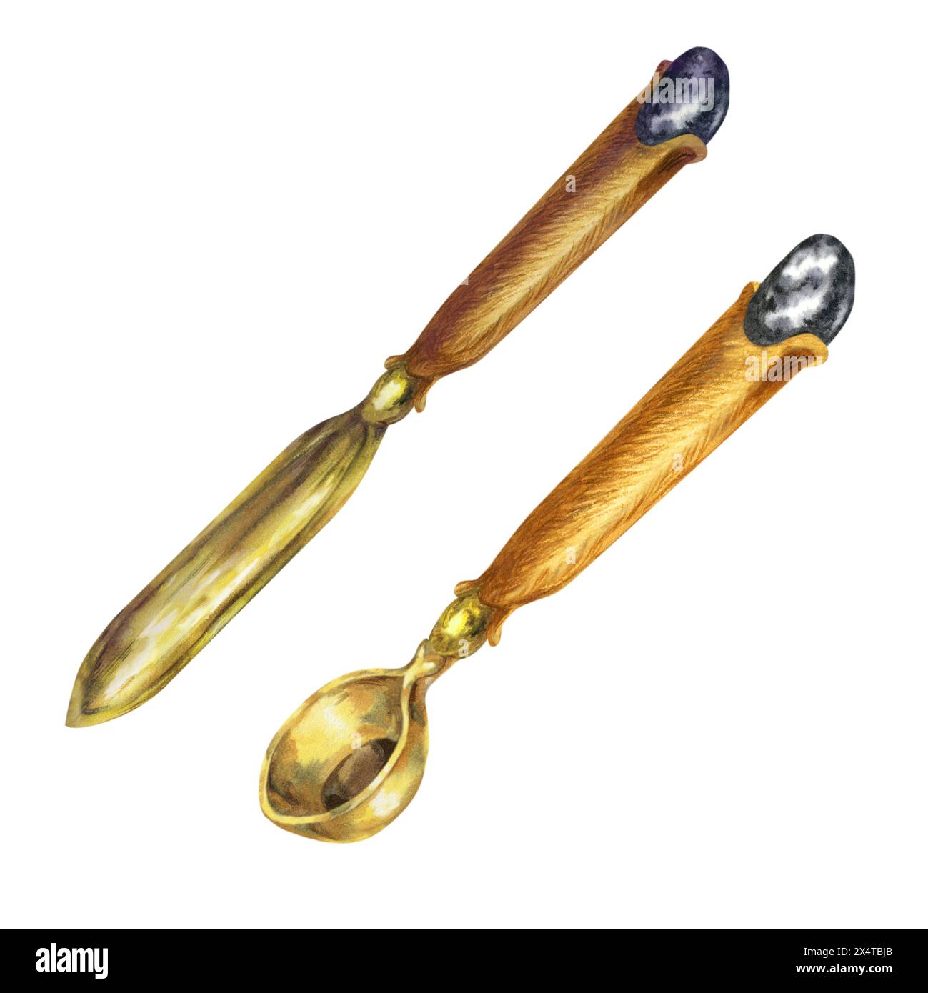 Cuillère de fusion de cire à cacheter antique, coupe-papier avec manche en bois d'acajou et pierre semi-précieuse hématite d'un ensemble d'écriture vintage. Aquarelle illu Banque D'Images