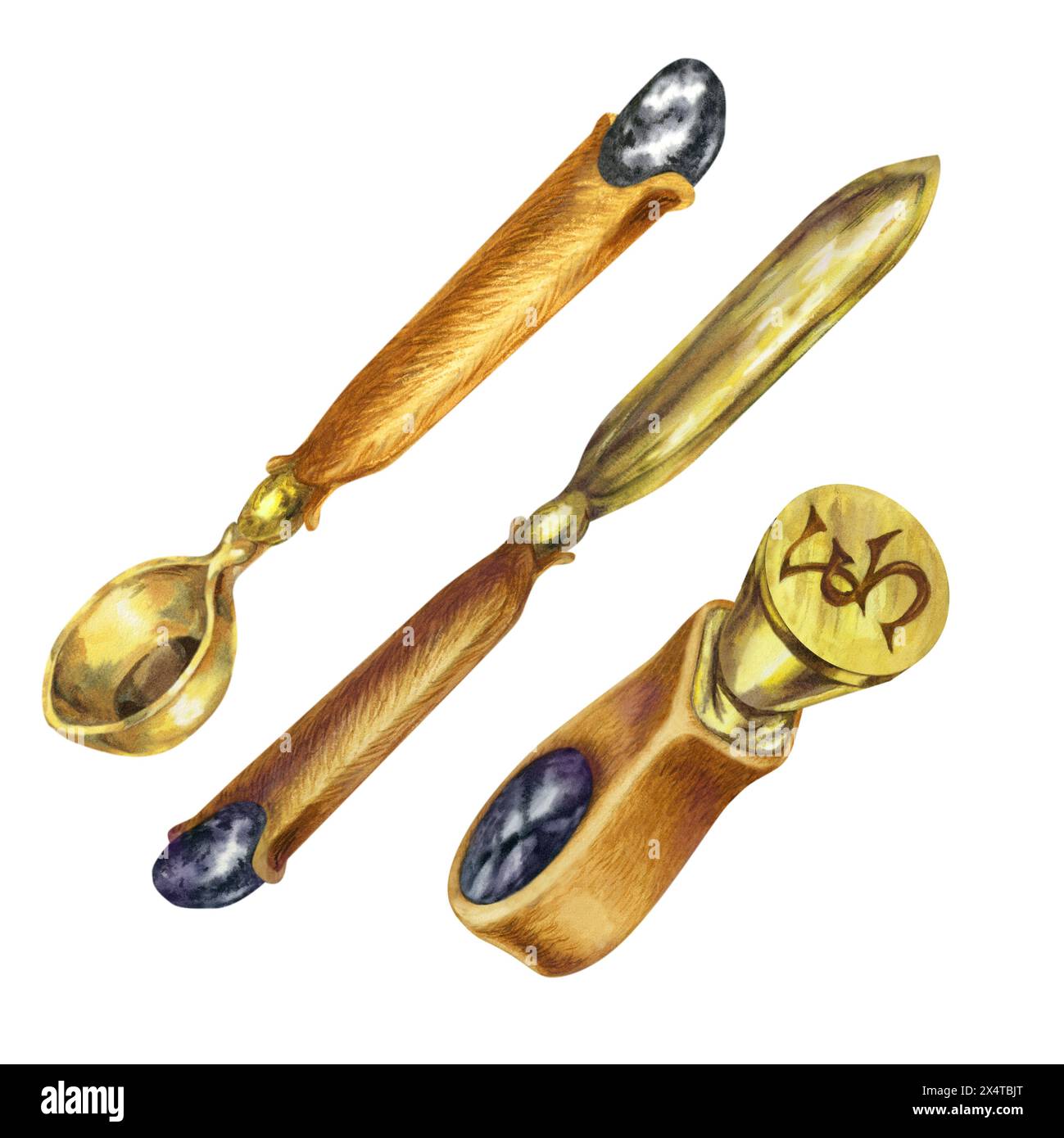 Sceau antique, cuillère de fusion de cire d'étanchéité, coupe-papier avec poignée en bois d'acajou et pierre semi-précieuse hématite d'un ensemble d'écriture vintage. Watercolo Banque D'Images