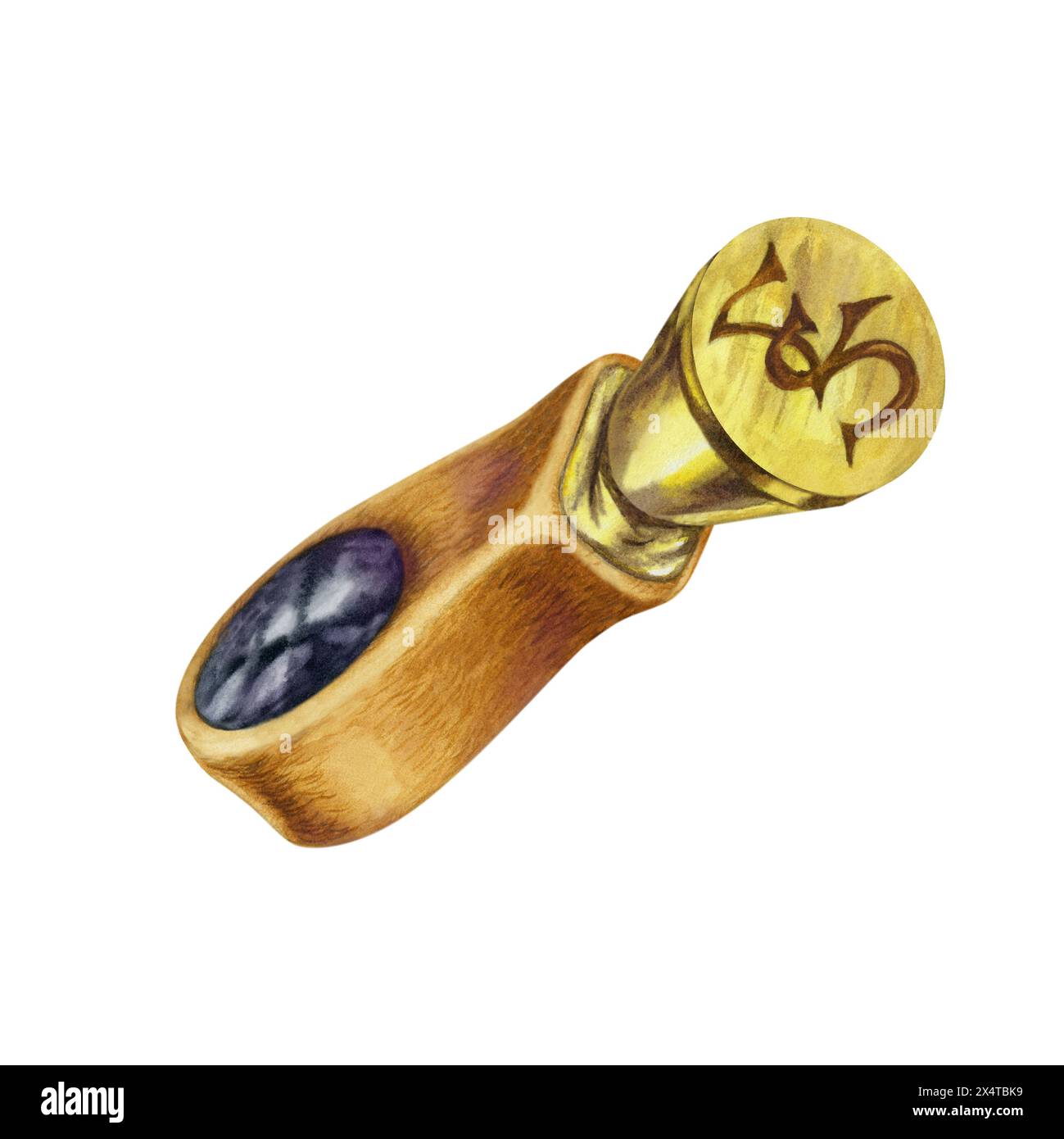 Sceau antique un ancien ensemble d'écriture en bronze avec poignées en acajou et pierre semi-précieuse. Illustration aquarelle pour modèle de conception pour Book Day Banque D'Images