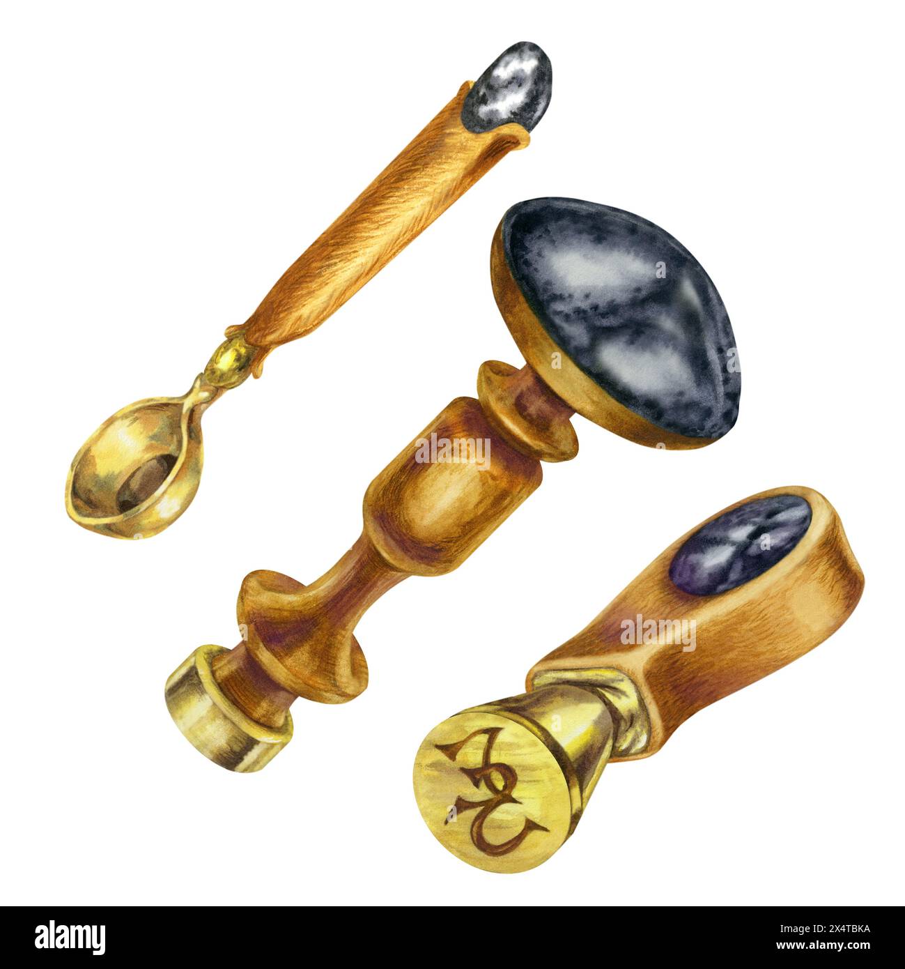 Sceau antique, cuillère de fusion de cire d'étanchéité avec manche en bois d'acajou et pierre semi-précieuse hématite d'un ensemble d'écriture vintage. Illustration aquarelle Banque D'Images