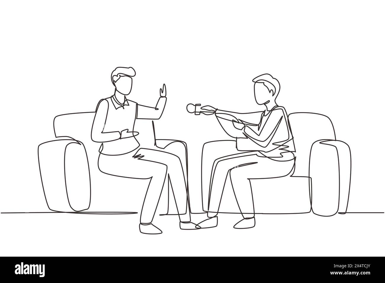 Simple dessin d'une ligne interview avec une personne célèbre. Diffusion télévisée ou Internet où un journaliste parle à une célébrité. Journaliste, interviewé Illustration de Vecteur