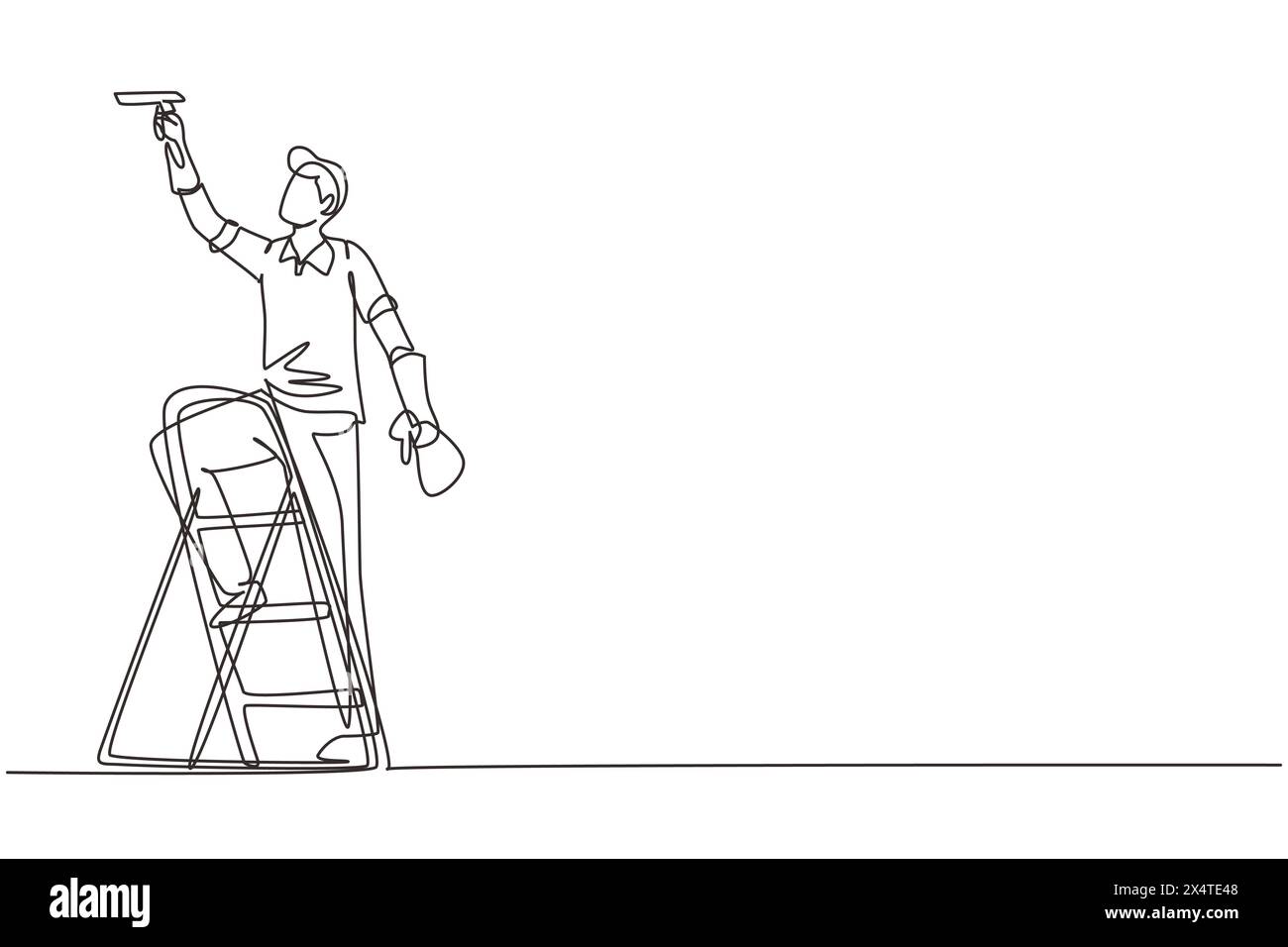 Nettoyant à dessin continu d'une ligne debout sur l'échelle, lavant avec une éponge. Service de nettoyage, outils de nettoyage, éponge de lavage, nettoyage de maison et hous Illustration de Vecteur Nettoyant à dessin continu d'une ligne debout sur l'échelle, lavant avec une éponge. Service de nettoyage, outils de nettoyage, éponge de lavage, nettoyage de maison et hous Illustration de Vecteur
