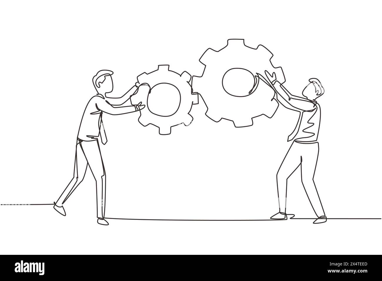 Coopération continue de travail d'équipe de dessin d'une ligne dans un mécanisme d'engrenages. Deux hommes d'affaires engagés dans la direction des affaires à réussir. Énorme machin à roue dentée Illustration de Vecteur