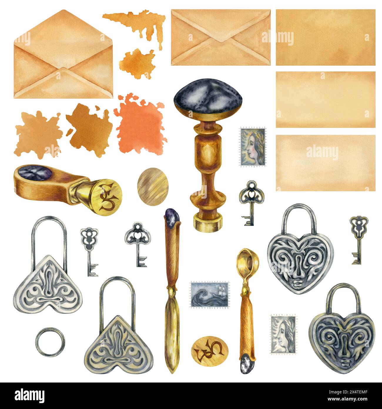 Aquarelle vieux courrier enveloppe vide, sceaux, cuillère pour fondre la cire à cacheter, serrures en forme de coeur en argent et or, clés et vieux timbres. Aquarelle illus Banque D'Images