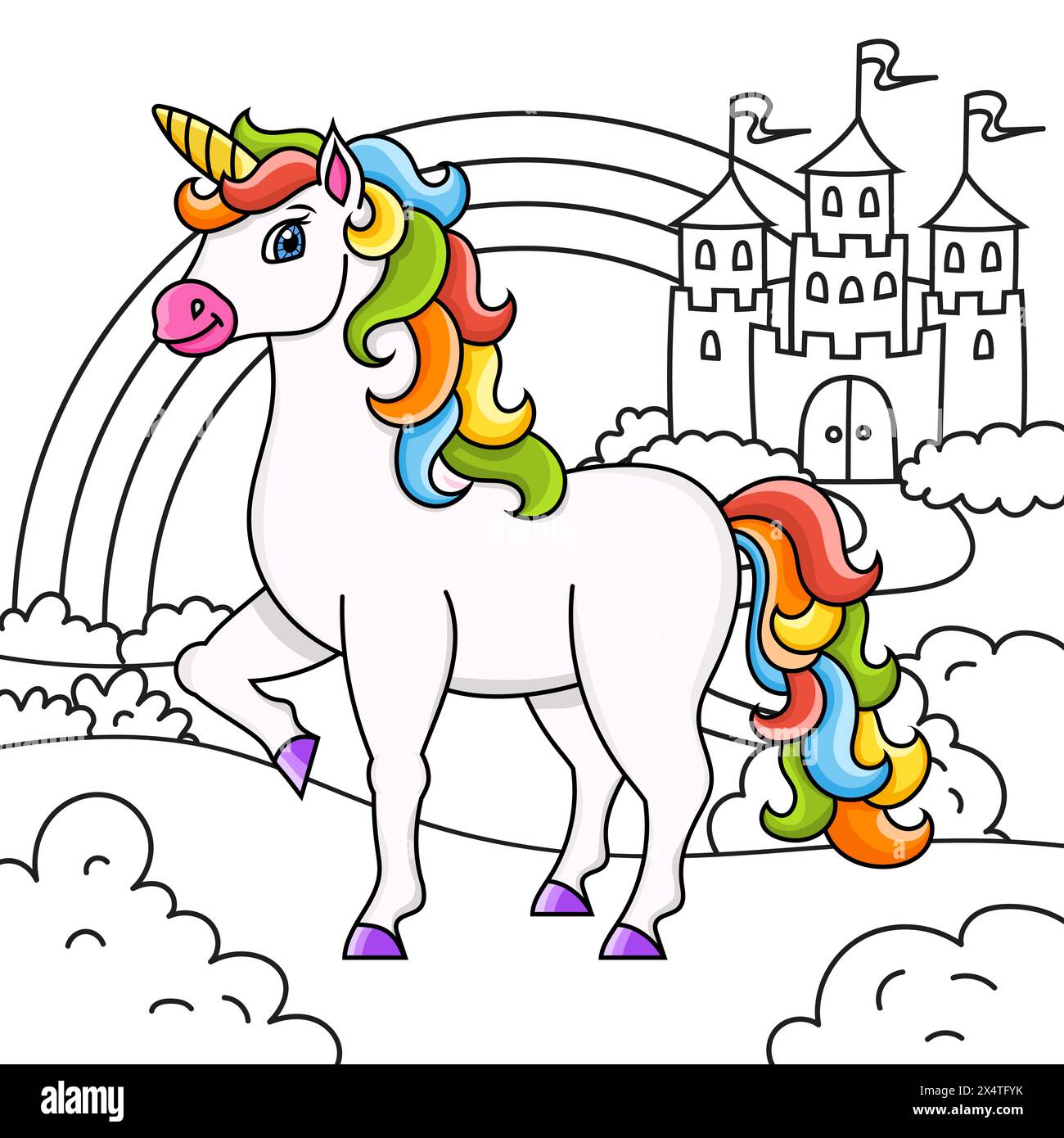 Mignonne licorne. Cheval de fée magique. Paysage avec un beau château. Page de livre de coloriage pour les enfants. Style dessin animé. Illustration vectorielle isolée sur blanc Illustration de Vecteur