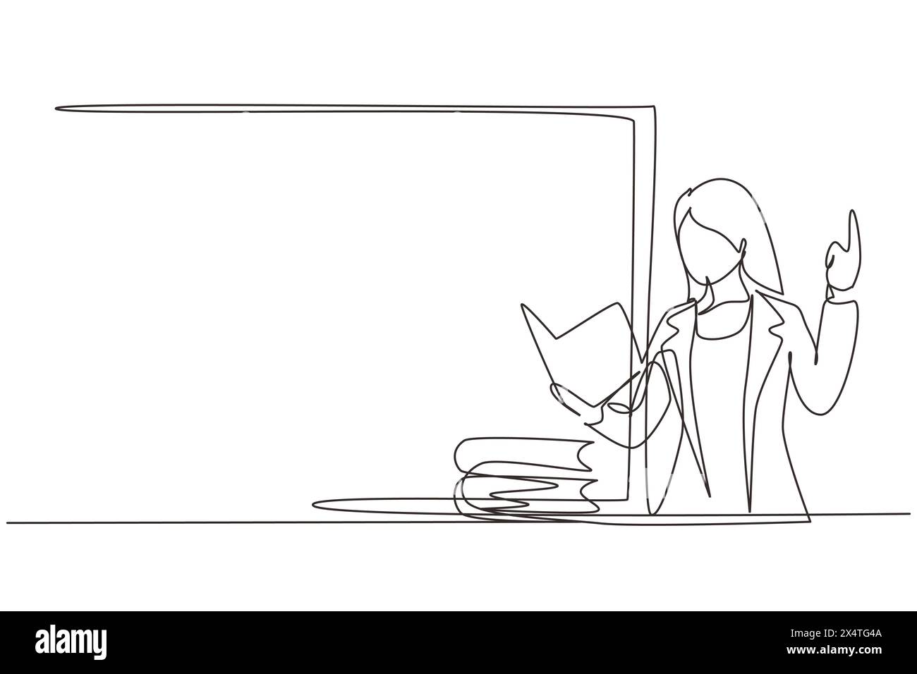 Continu d'une ligne dessinant jeune enseignante debout devant la classe avec un livre sur ses mains, pile de livres sur la table. Enseignante enseignante en cla Illustration de Vecteur